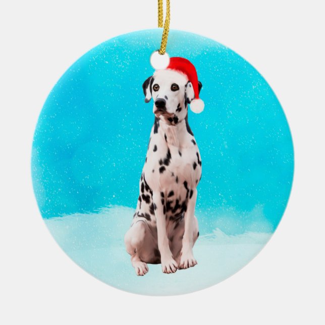 Dalmation Dog in Snow Christmas Hat Ceramic Ornament (Front)