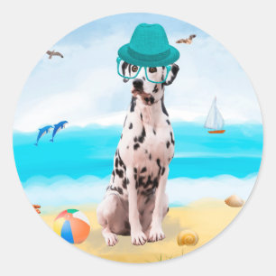 Dalmation Dog on Beach Classic Round Sticker