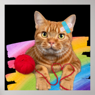 Damaged Cat on rainbow background Poster