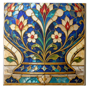 Damascus & Ottoman Tulip Floral Vase Stained Glass Ceramic Tile