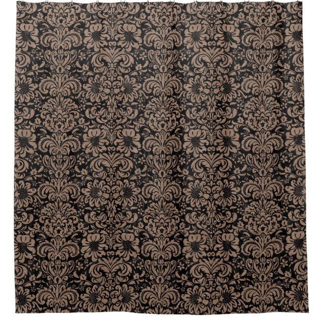 DAMASK2 BLACK MARBLE & BROWN COLORED PENCIL SHOWER CURTAIN (Front)
