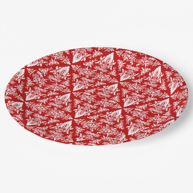 Damask 01 Red-White-Paper Party Plates (Angled)
