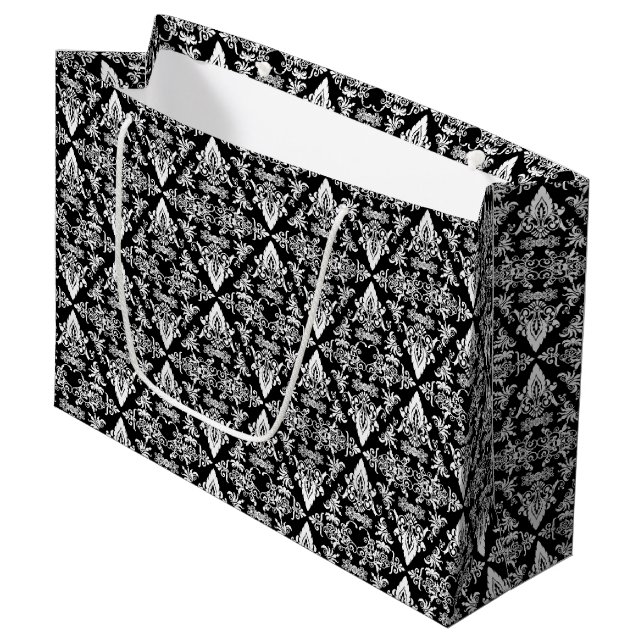 Damask 02 Black-White-Large Gift Bag (Front Angled)