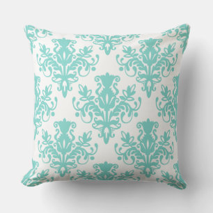 Damask 02 Pattern - Aqua Blue on White Cushion