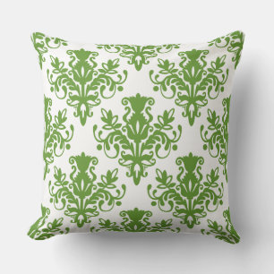 Damask 02 Pattern - Avocado Green on White Cushion