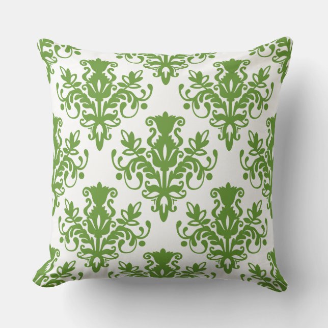 Damask 02 Pattern - Avocado Green on White Cushion (Front)