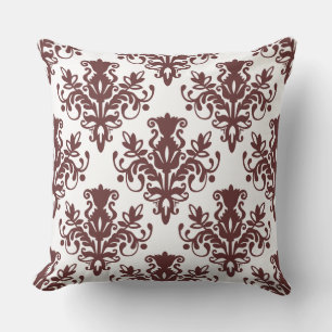 Damask 02 Pattern - Dark Brown on White Cushion