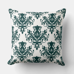 Damask 02 Pattern - Dark Moss Green on White Cushion
