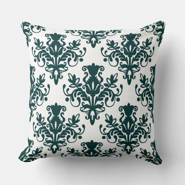 Damask 02 Pattern - Dark Moss Green on White Cushion (Front)