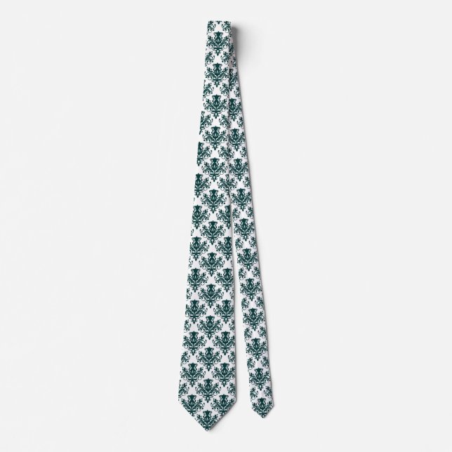 Damask 02 Pattern - Dark Moss Green on White Tie (Front)
