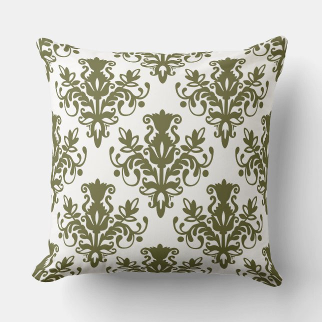 Damask 02 Pattern - Deep Olive on White Cushion (Front)