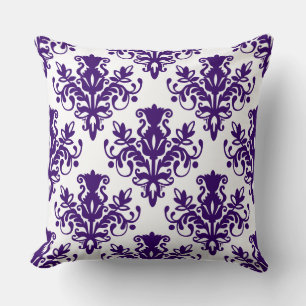 Damask 02 Pattern - Deep Purple on White Cushion