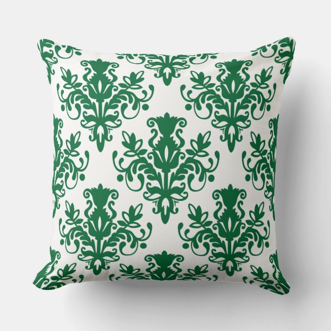 Damask 02 Pattern - Forest Green on White Cushion (Front)