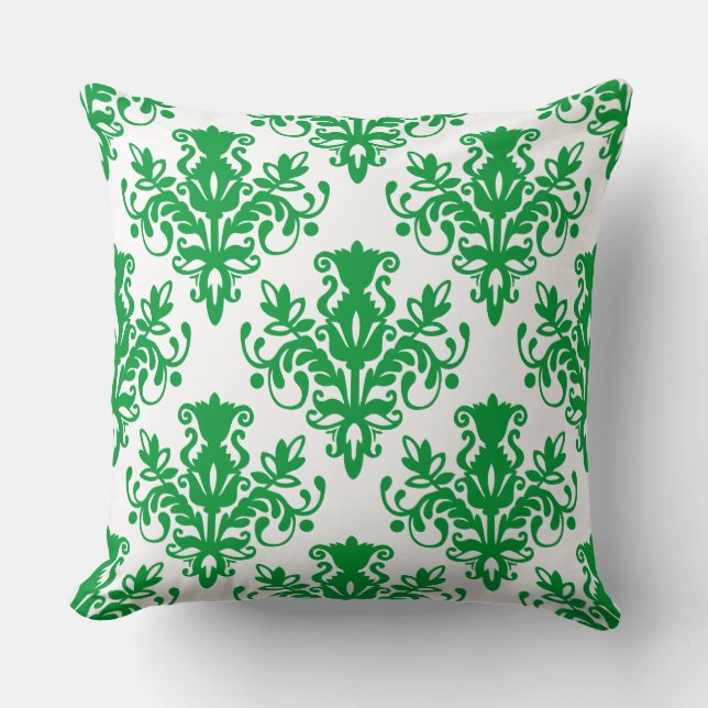 Damask 02 Pattern - Grass Green on White Cushion (Front)