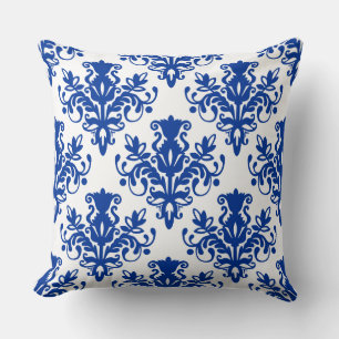 Damask 02 Pattern - Navy Blue on White Cushion