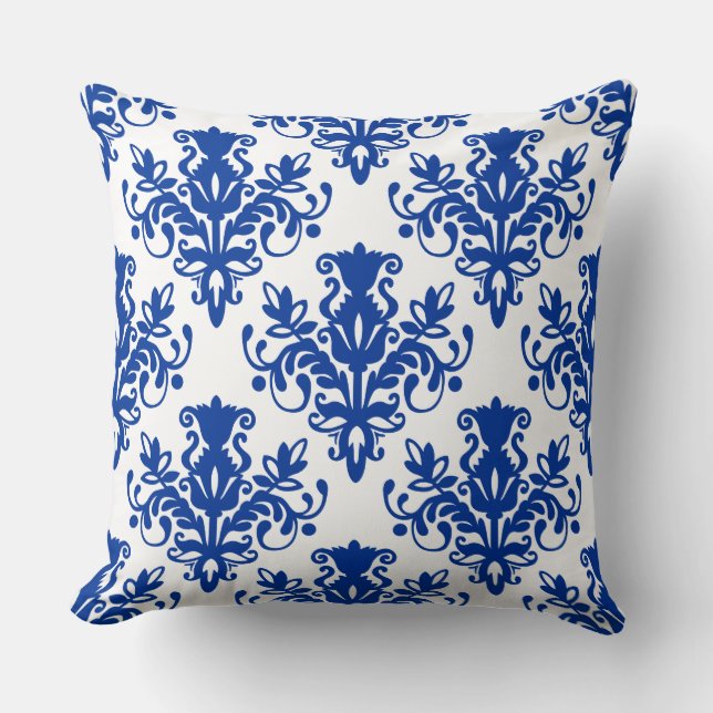 Damask 02 Pattern - Navy Blue on White Cushion (Front)