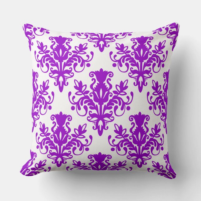 Damask 02 Pattern - Purple on White Cushion (Front)