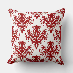 Damask 02 Pattern - Ruby Red on White Cushion