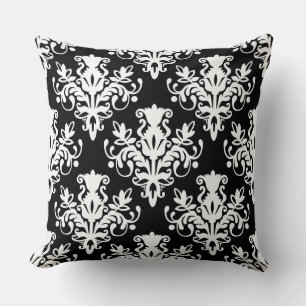 Damask 02 Pattern - White on Black Cushion