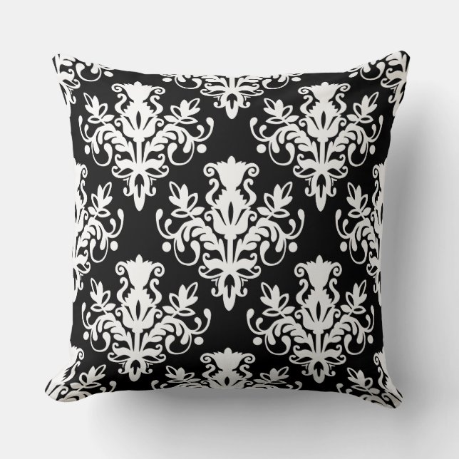 Damask 02 Pattern - White on Black Cushion (Front)