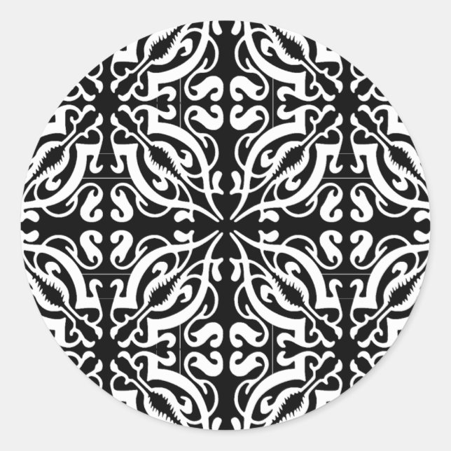 Damask 1 (black & white) classic round sticker (Front)