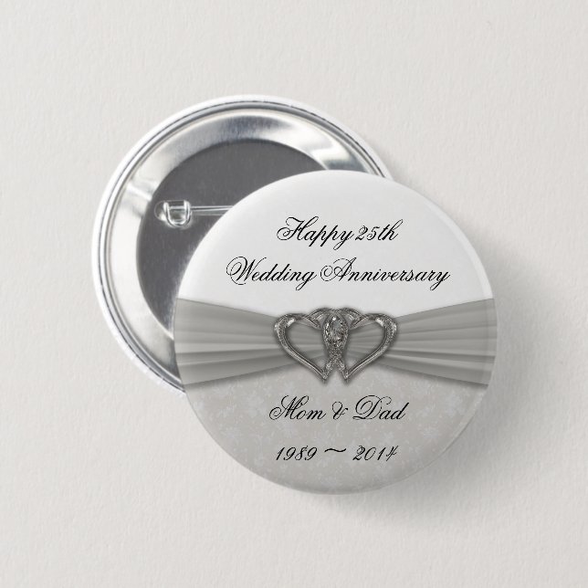 Damask 25th Wedding Anniversary Button (Front & Back)
