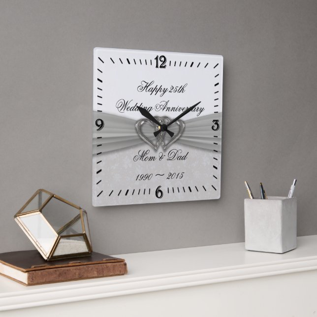 Damask 25th Wedding Anniversary Square Wall Clock (Office)