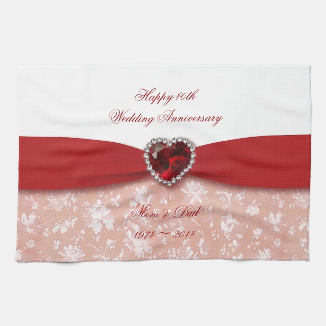 Damask 40th Wedding Anniversary Design Tea Towel (Horizontal)