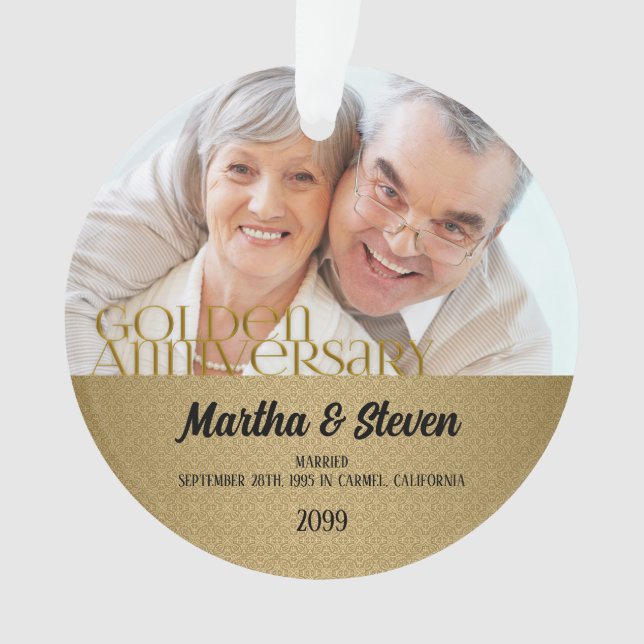 Damask 50th Golden Anniversary Photo Christmas Ornament (Front)