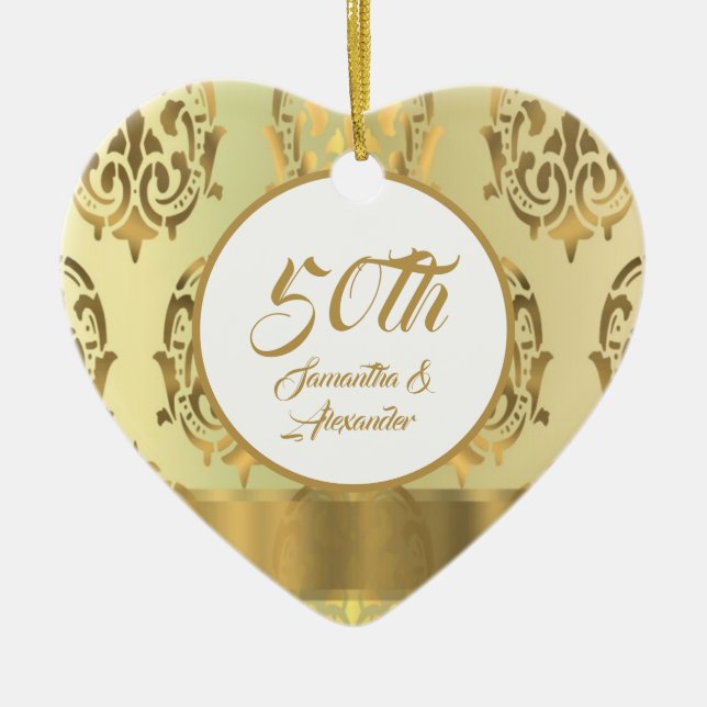 Damask 50th Golden wedding Anniversary Ceramic Ornament (Front)