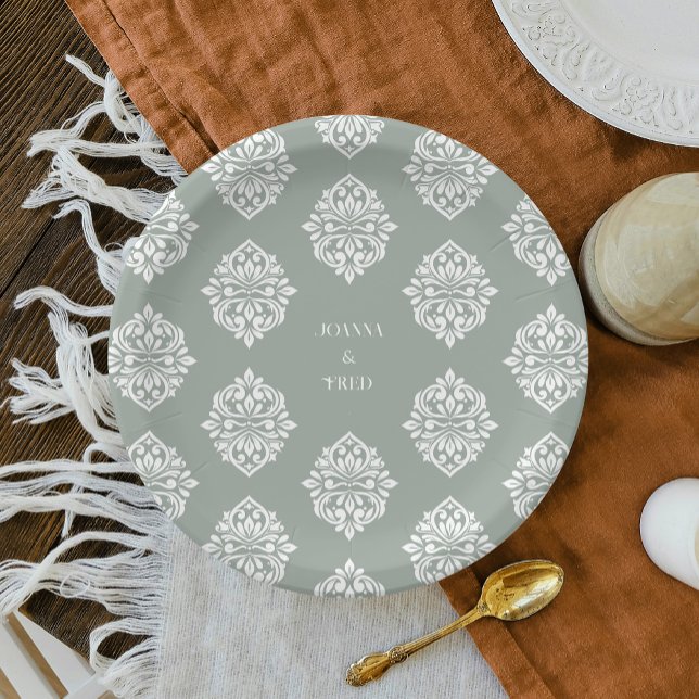 Damask Ambience Pale Olive Elegant Wedding Plates (Creator Uploaded)