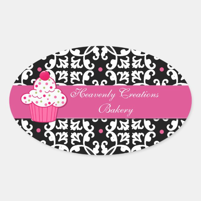 Damask and Cupcake Bakery Box Stickers (Front)