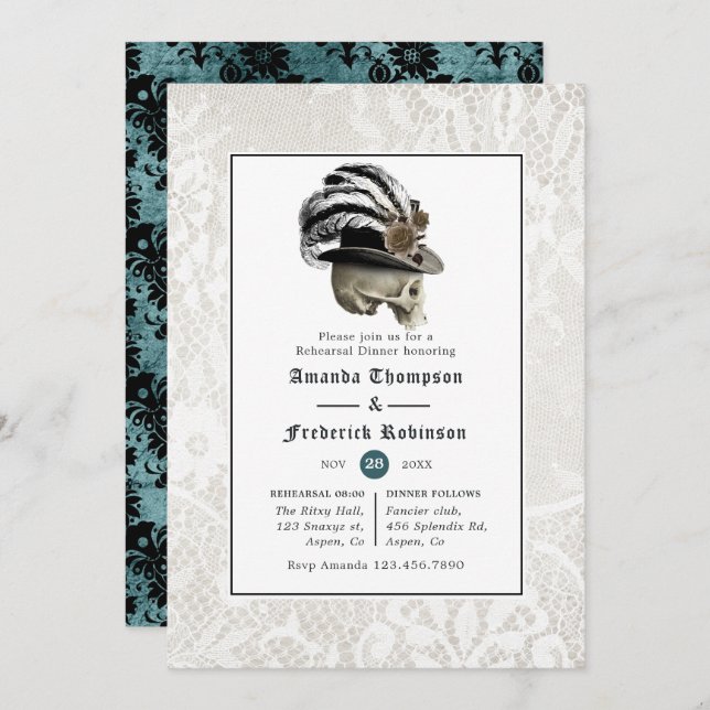 Damask and Lace Gothic Wedding Rehearsal Dinner Invitation (Front/Back)