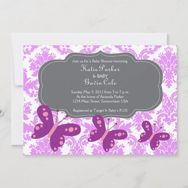 Damask and Purple Butterfly Invitation (Front)