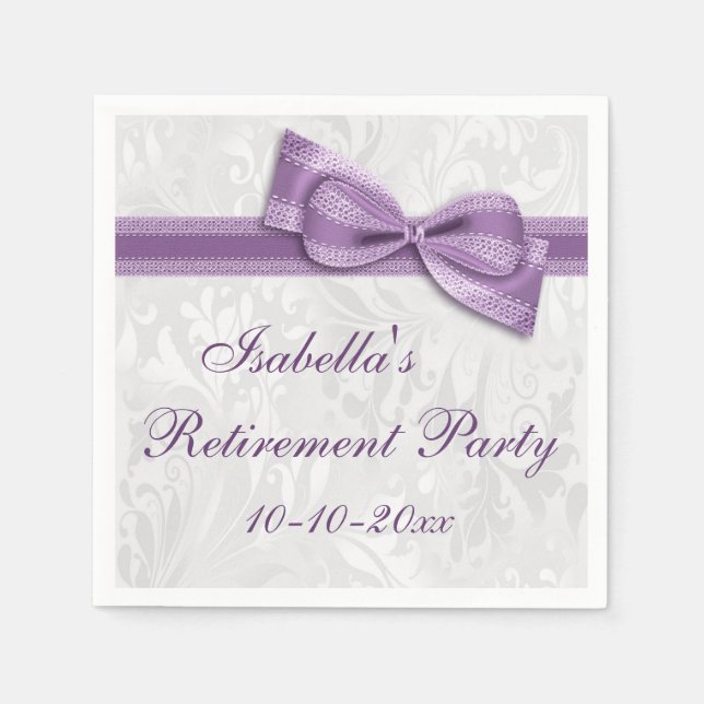 Damask and Purple Faux Bow Retirement Napkin (Front)