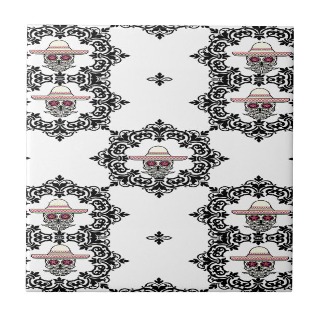 Damask and skull ceramic tile (Front)