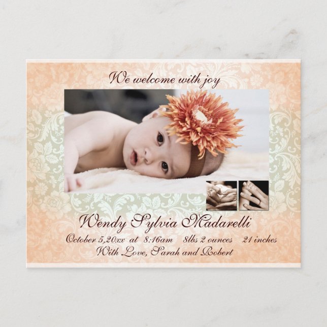 Damask Angel Birth Announcement Postcard (Front)