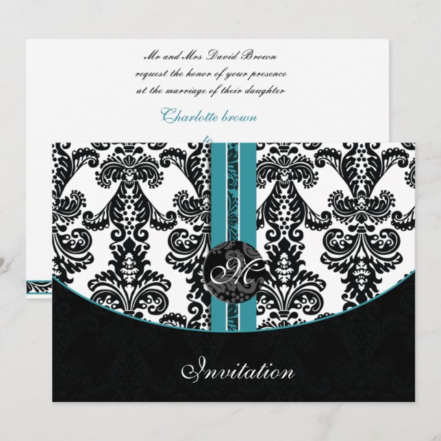 damask aqua wedding monogram invitation (Front/Back)