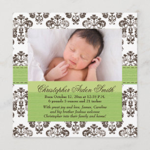 Damask Baby Birth Photo Annoucement Green Brown Announcement