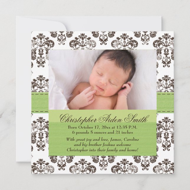 Damask Baby Birth Photo Annoucement Green Brown Announcement (Front)
