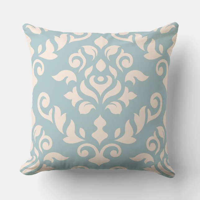 Damask Baroque Design Cream on Blue Cushion (Front)