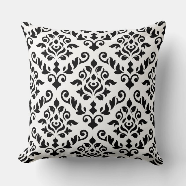 Damask Baroque Pattern Black on White Cushion (Front)