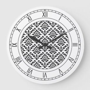 Damask Baroque Pattern Black on White Large Clock