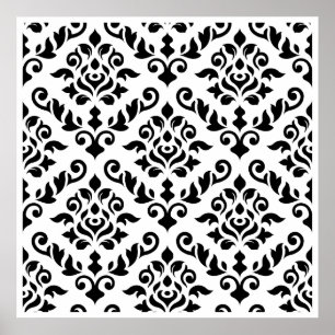 Damask Baroque Pattern Black on White Poster