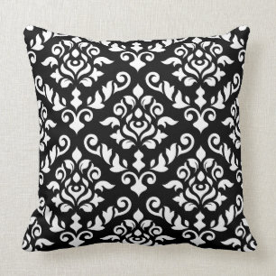 Damask Baroque Pattern White on Black Cushion