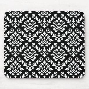 Damask Baroque Pattern White on Black Mouse Pad