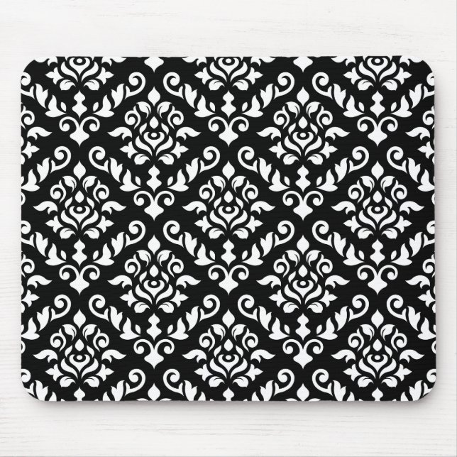 Damask Baroque Pattern White on Black Mouse Pad (Front)