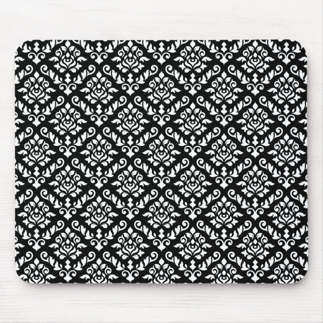 Damask Baroque Repeat Pattern White on Black Mouse Pad (Front)