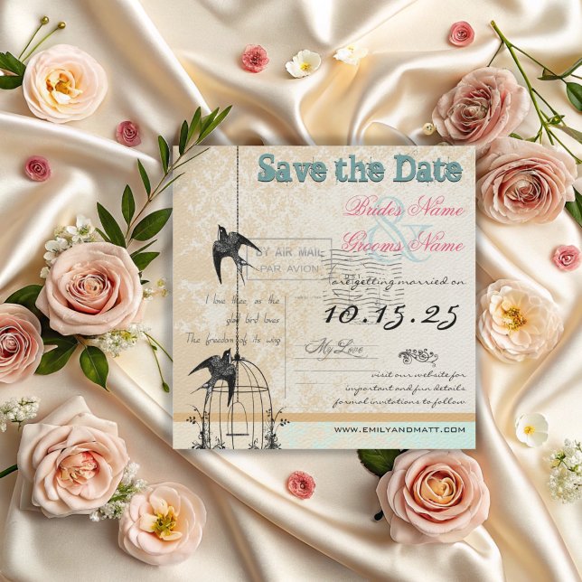 Damask Birdcage Wedding Save the Date Pink Green (Creator Uploaded)