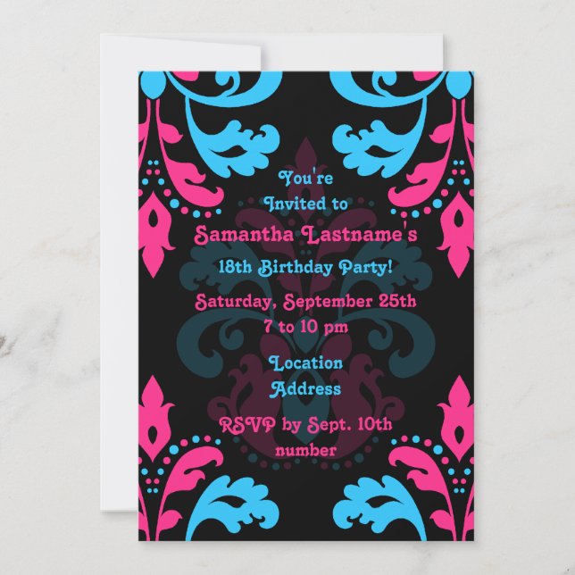 Damask birthday party invitation (Front)